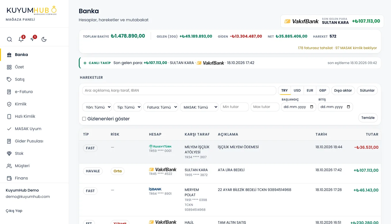 KuyumHub web paneli: Banka hareketleri