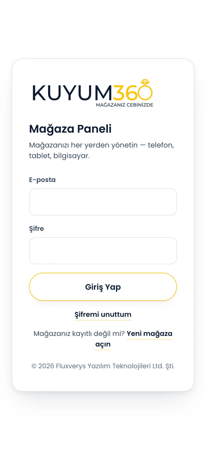 Kuyumhub iOS uygulaması — mağaza paneli giriş ekranı