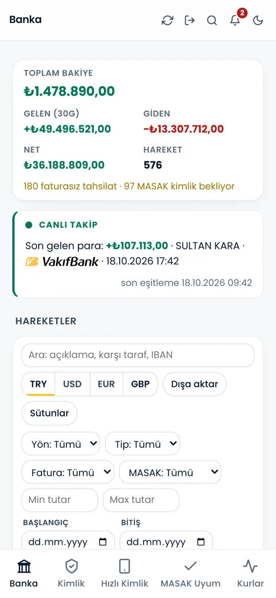 KuyumHub Sarraf banka ekranı: gelen havaleler, canlı takip ve MASAK kimlik bekleyen hareketler