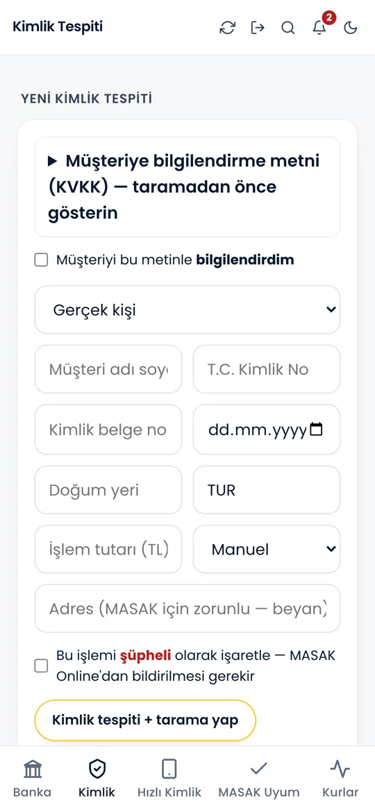 KuyumHub Sarraf kimlik tespiti ekranı: KVKK bilgilendirmesi, kimlik bilgileri ve tarama
